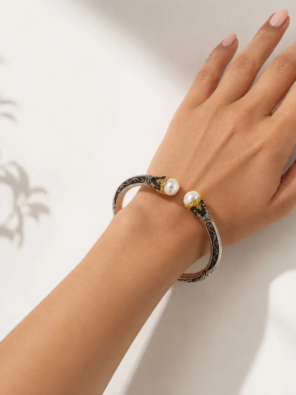 Konstantino 925 Sterling Silver 18K Gold Nemesis Cultured Pearl Bangle 7